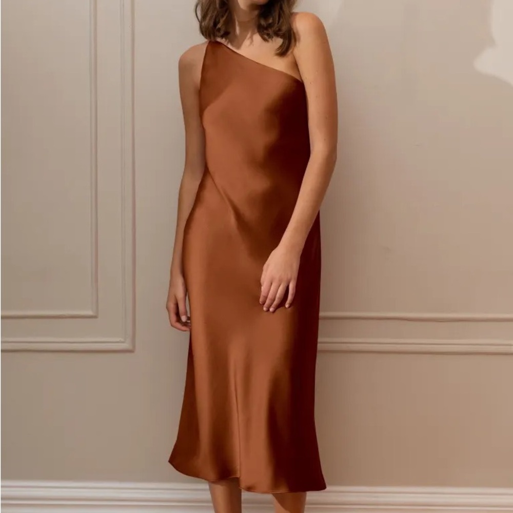 Jenny Yoo One Shoulder Satin Abby Dress in Copper